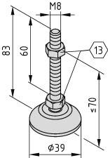 Stellfuß D40, M8x80, grau ähnlich RAL 7042