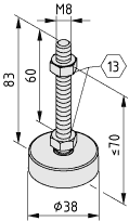 Stellfuß X D40, M8x80, grau ähnlich RAL 7042